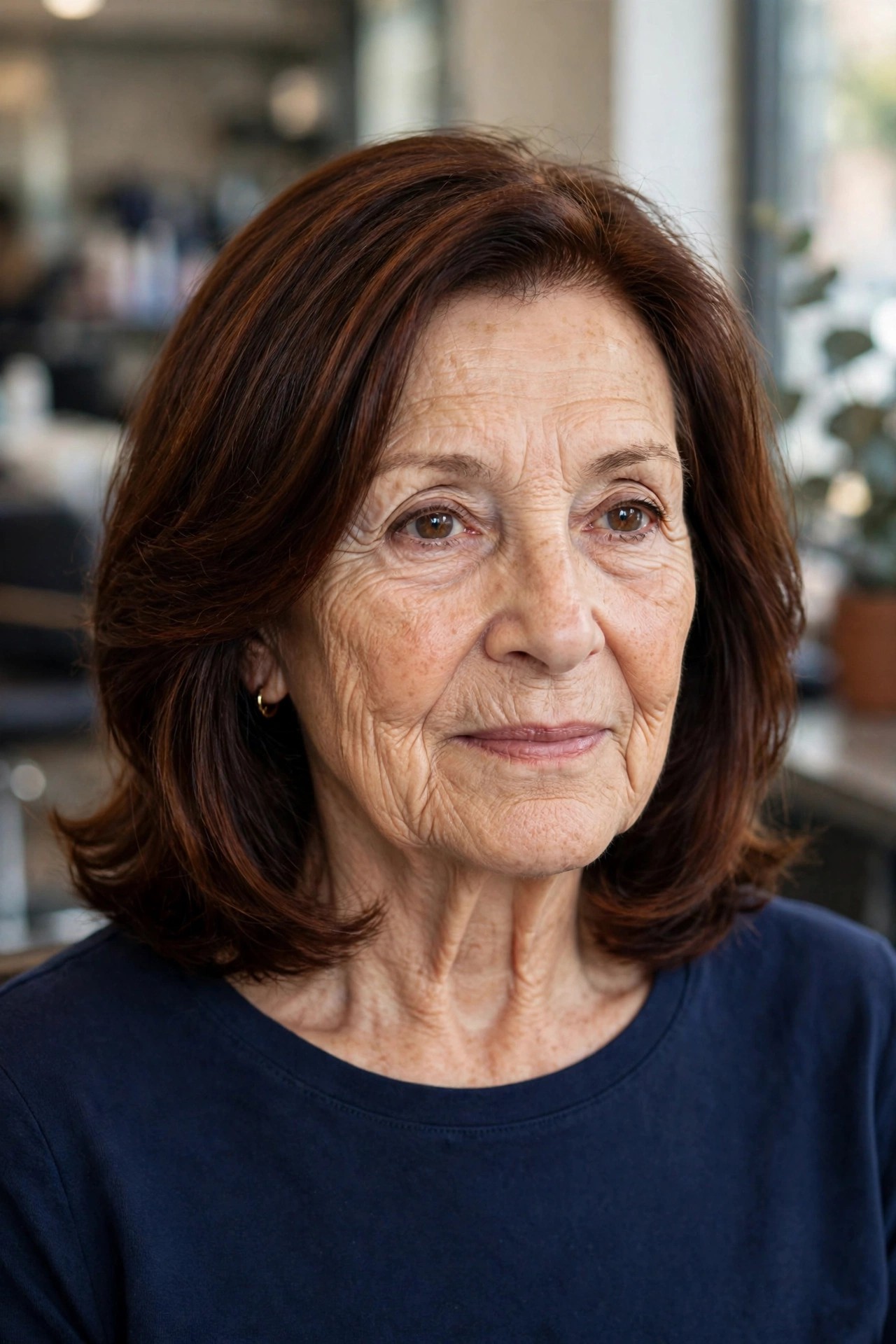 Rich Chestnut Brunette Lob - youthful hair color on a woman over 60