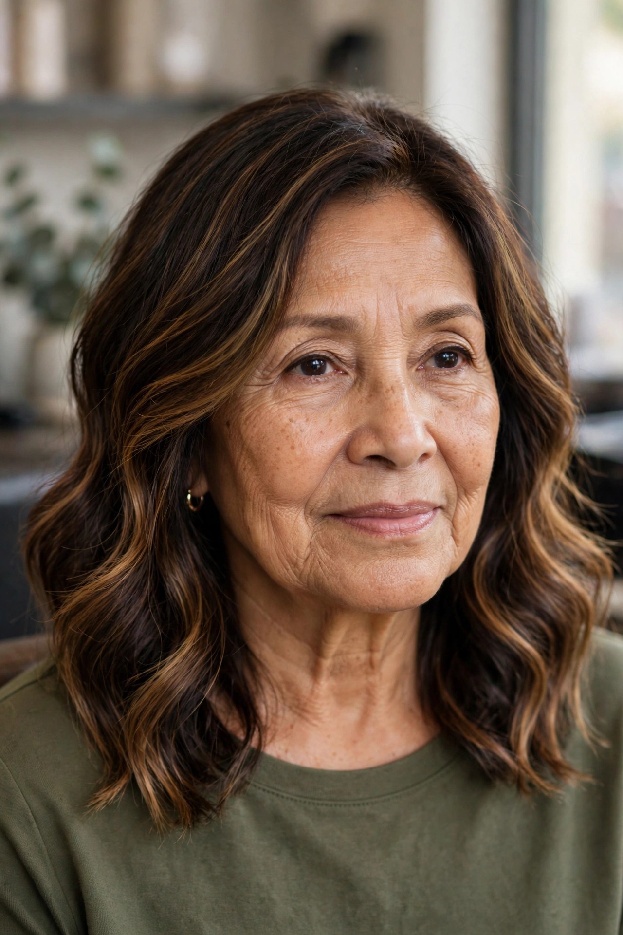 Caramel Balayage on a Brunette Base - youthful hair color on a woman over 60