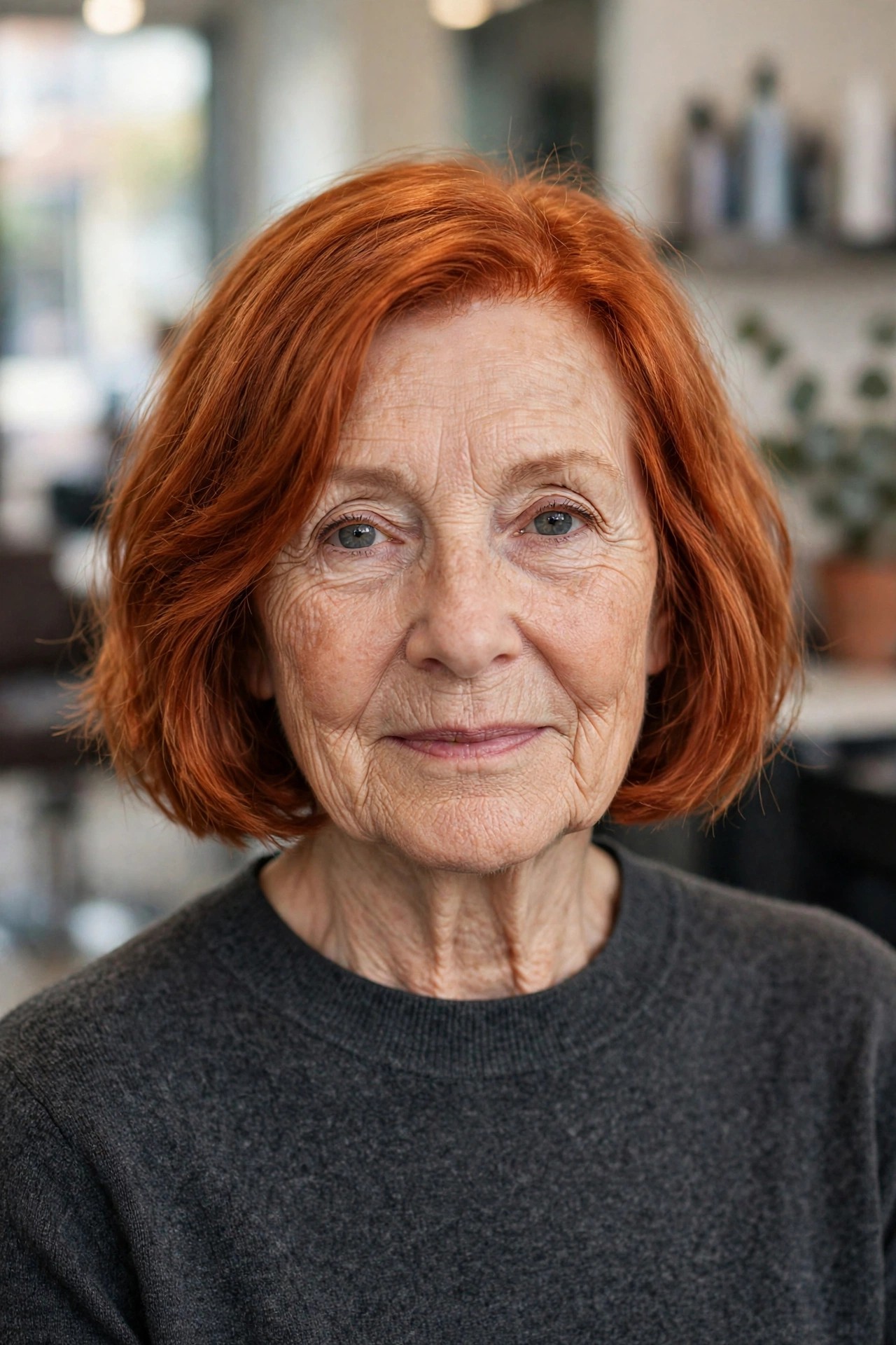 Warm Copper Chin-Length Bob - youthful hair color on a woman over 60