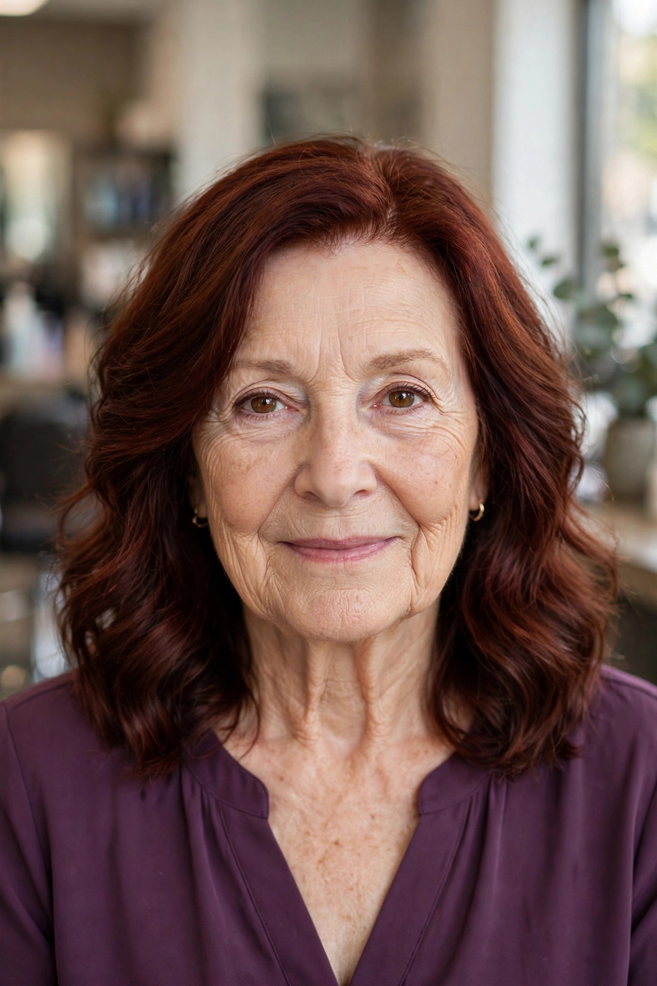 Rich Auburn Soft Waves - youthful hair color on a woman over 60