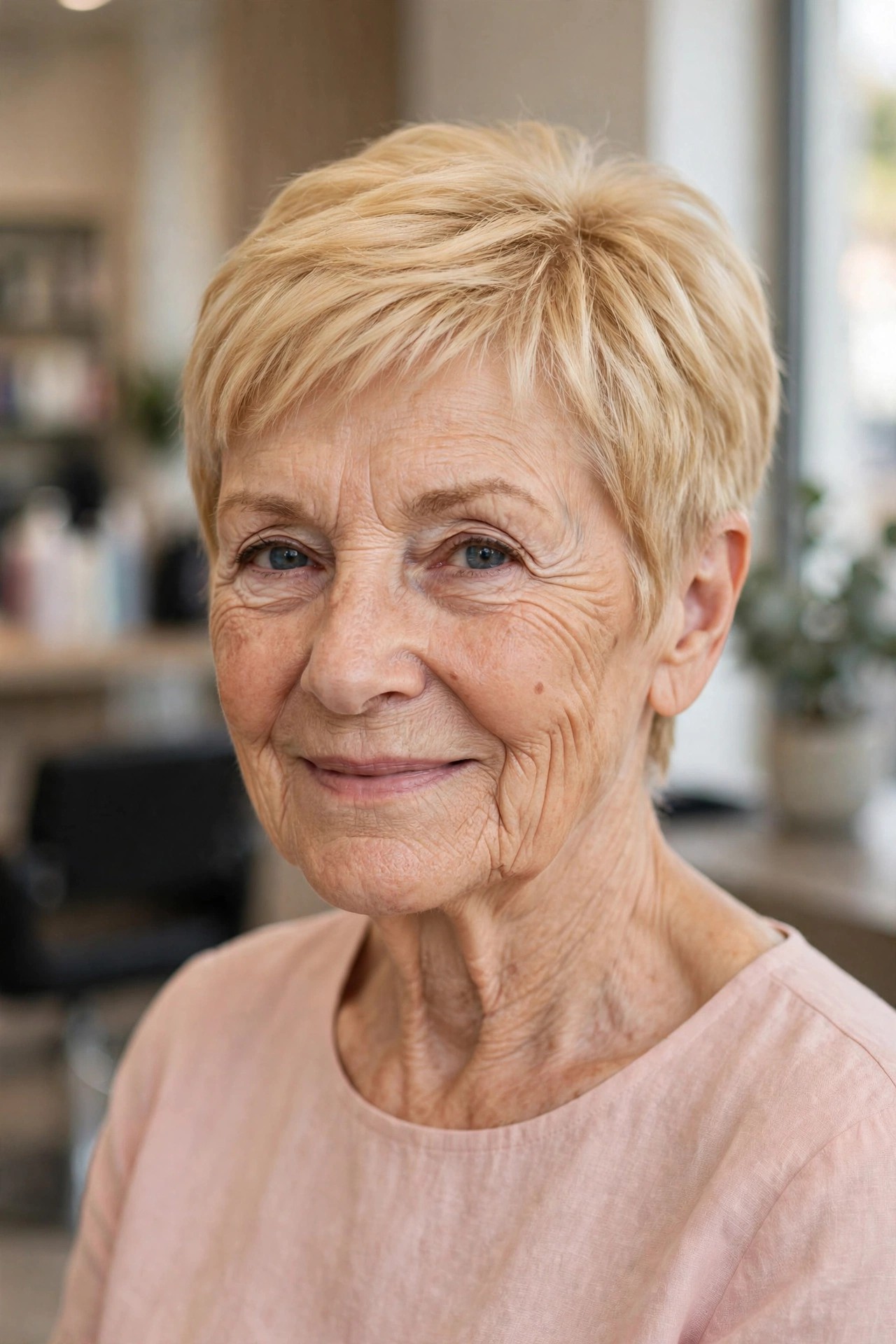 Buttery Blonde Pixie - youthful hair color on a woman over 60