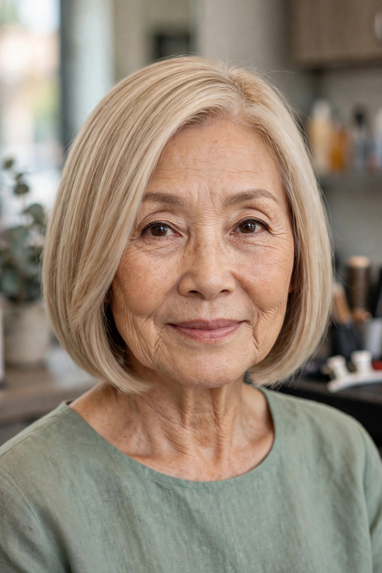 Champagne Beige Blonde Bob - youthful hair color on a woman over 60